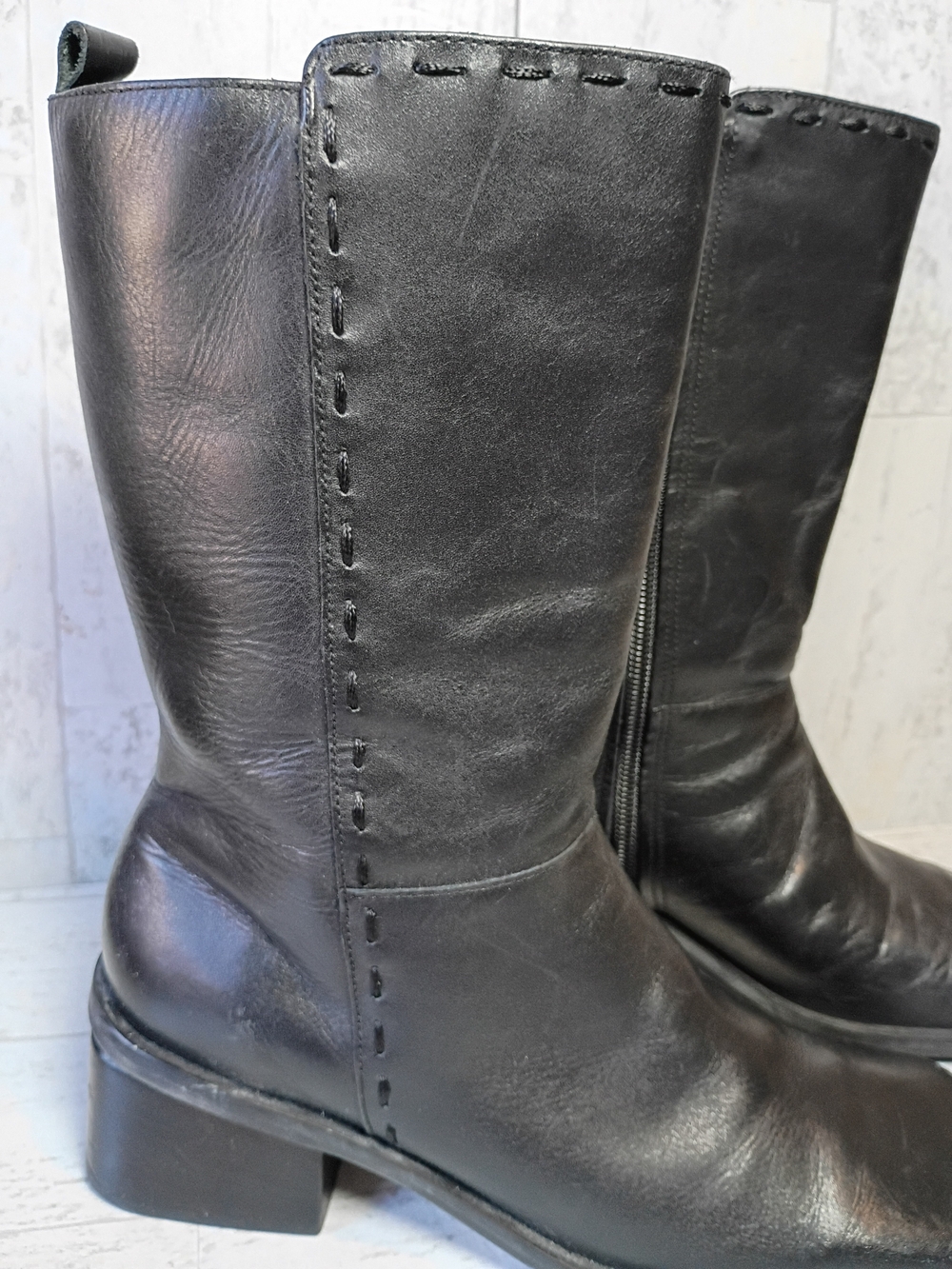 Black leather square toe knee high boots, 90s vintage wide calf size 7.5 US - Picture 4 of 15